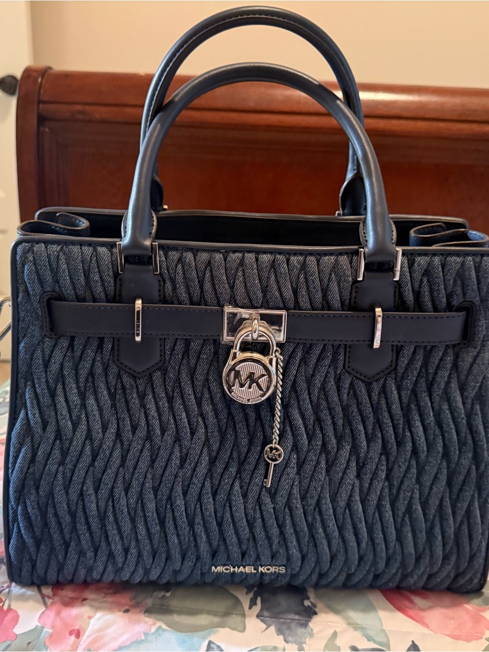 Michael Kors Quilted Denim Tote with Black Trim and Silver Hardware